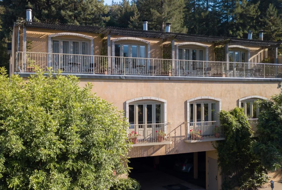 Front of Mill Valley Inn hotel showing windows and balconies